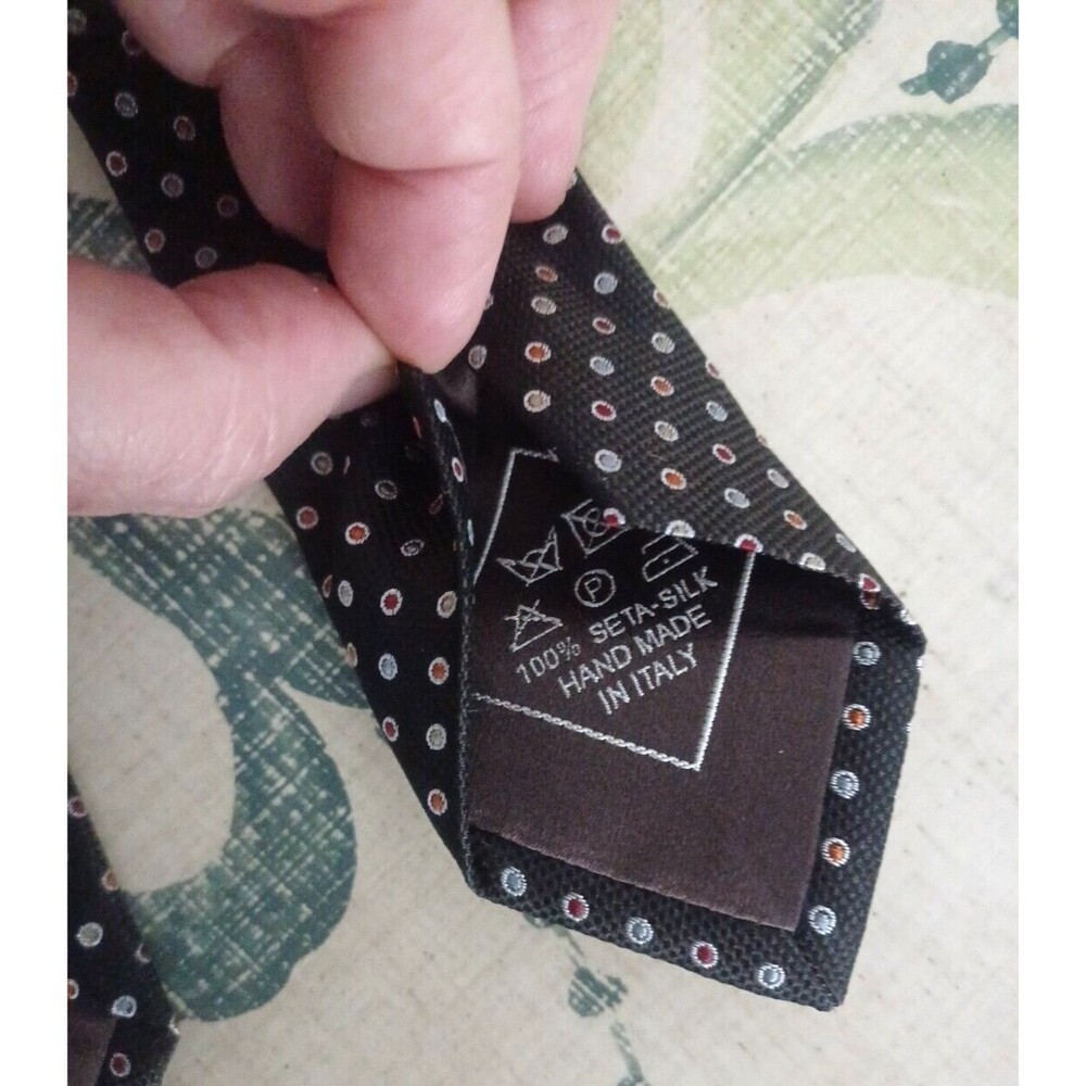 BRIONI Dark Brown Hand Made In Italy Woven Color Dots Circles Seta Silk Neck Tie - Picture 5 of 8